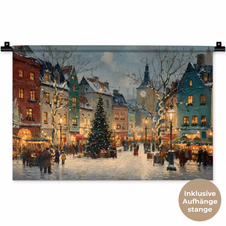 Kerstsfeer - Stadsplein - Kleurrijk Wandkleed katoen klein -t3d_DE