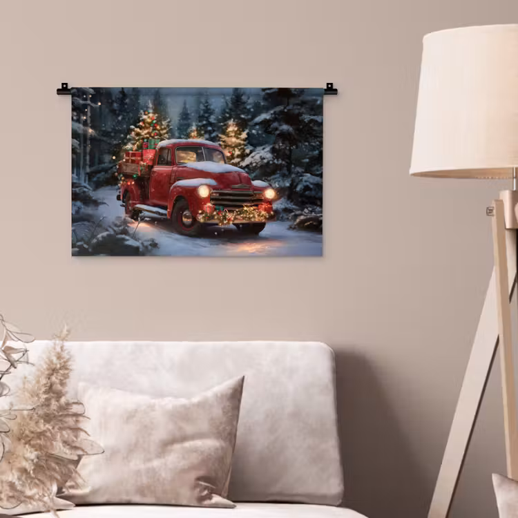 Kersttruck - Sneeuwbos - Rood Wandkleed katoen klein -sfeer4