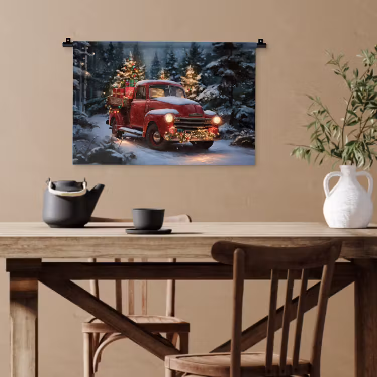 Kersttruck - Sneeuwbos - Rood Wandkleed katoen klein -sfeer6