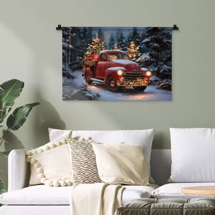 Kersttruck - Sneeuwbos - Rood Wandkleed katoen klein -sfeer7