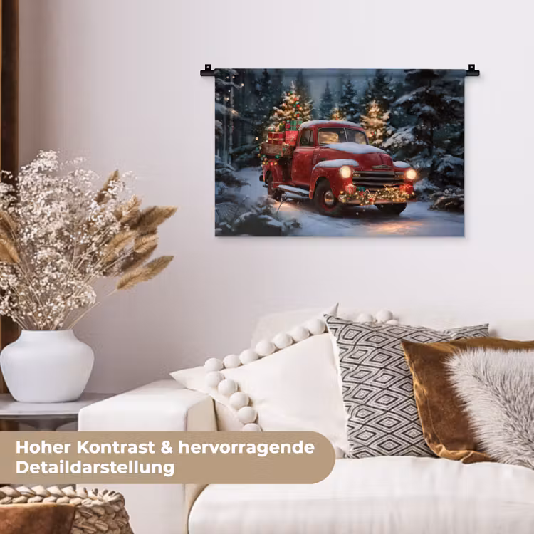 Kersttruck - Sneeuwbos - Rood Wandkleed katoen klein -tsfeer1_DE