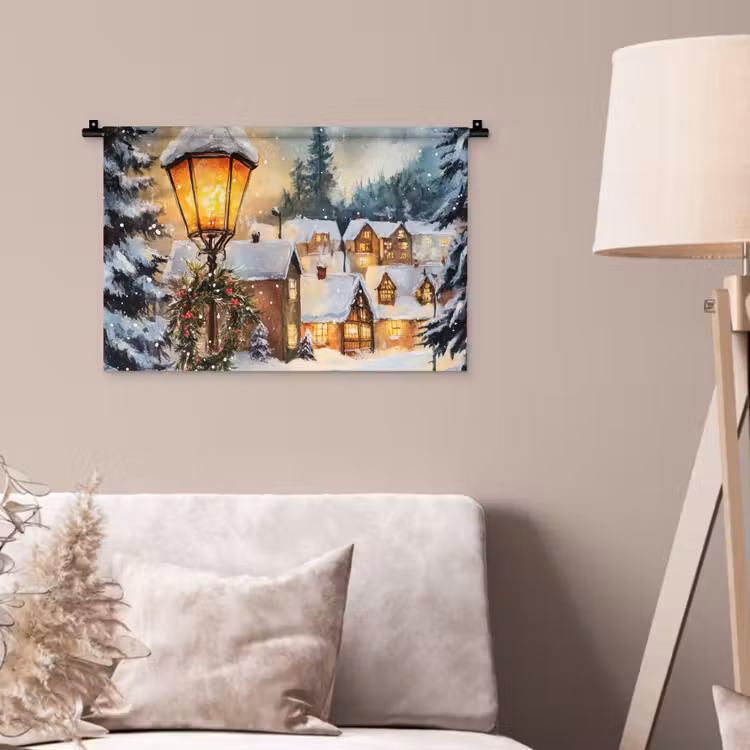 Kerstdorp - Huizen - Sneeuw - Kerst Wandkleed katoen klein -sfeer4