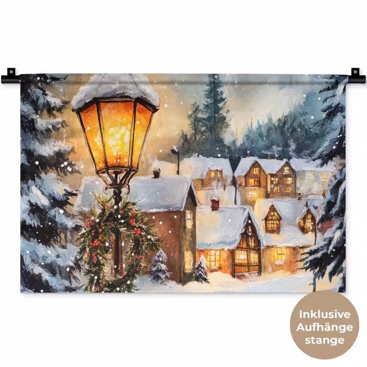 Kerstdorp - Huizen - Sneeuw - Kerst Wandkleed katoen klein -t3d_DE
