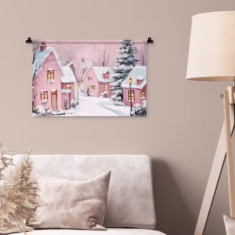Kerstdorp - Roze - Winter - Sneeuw - Huizen Wandkleed katoen klein -sfeer4