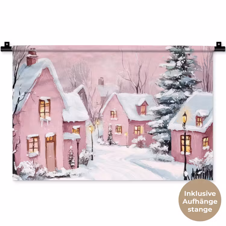Kerstdorp - Roze - Winter - Sneeuw - Huizen Wandkleed katoen klein -t3d_DE