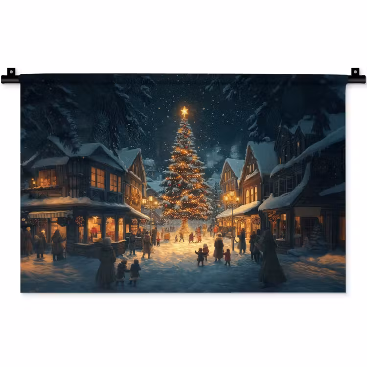 Kerstfeest - Dorp - Donker Wandkleed katoen klein -zz3d