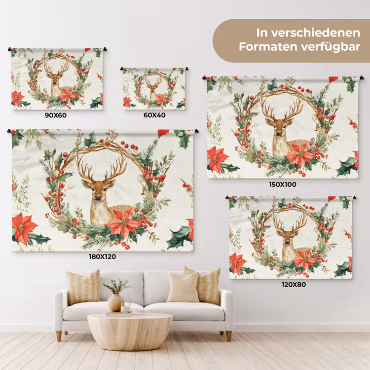 Kerstkrans - Hert - Hulst - Rood Wandkleed katoen klein -tsfeer8_DE