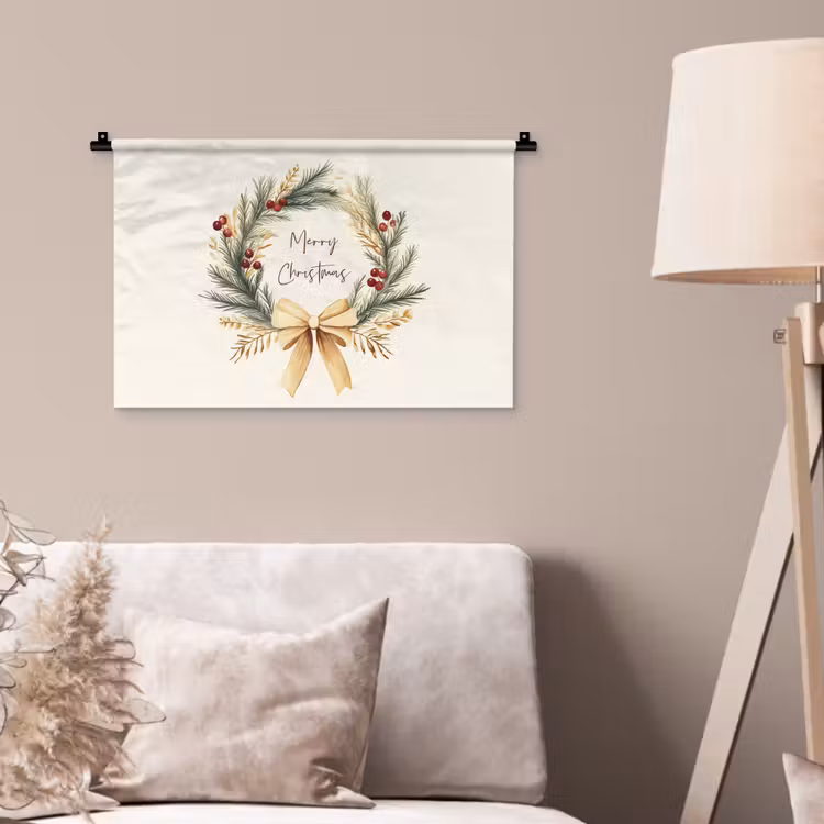 Kerstkrans - Kerst - Goud - Beige Wandkleed katoen klein -sfeer4