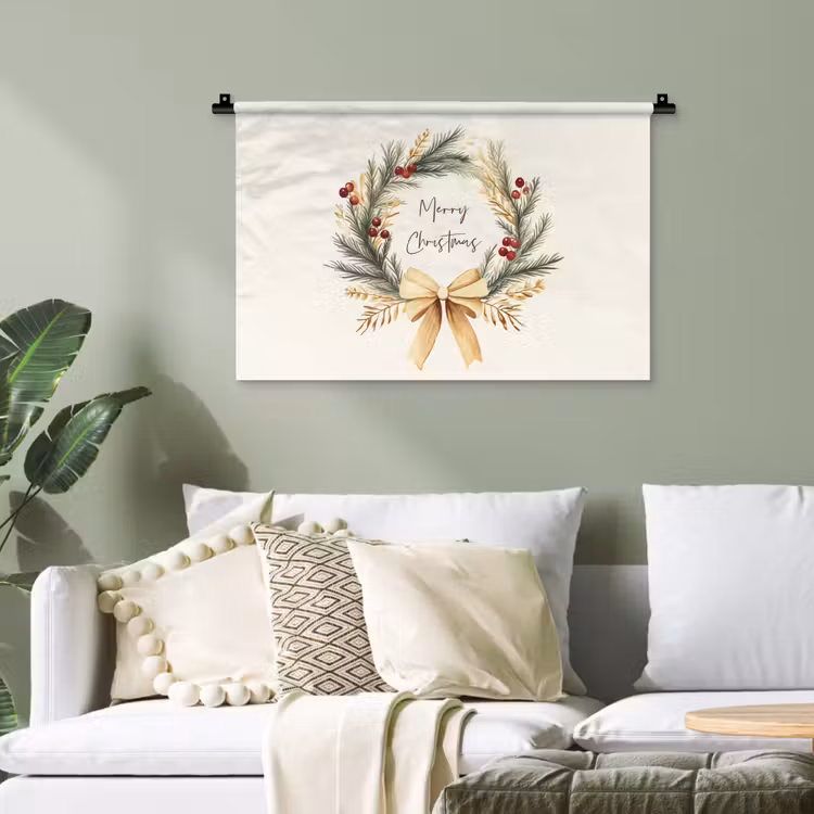 Kerstkrans - Kerst - Goud - Beige Wandkleed katoen klein -sfeer7