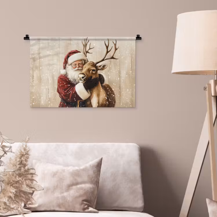 Kerstman - Rendier - Sneeuw - Kleurrijk Wandkleed katoen klein -sfeer4