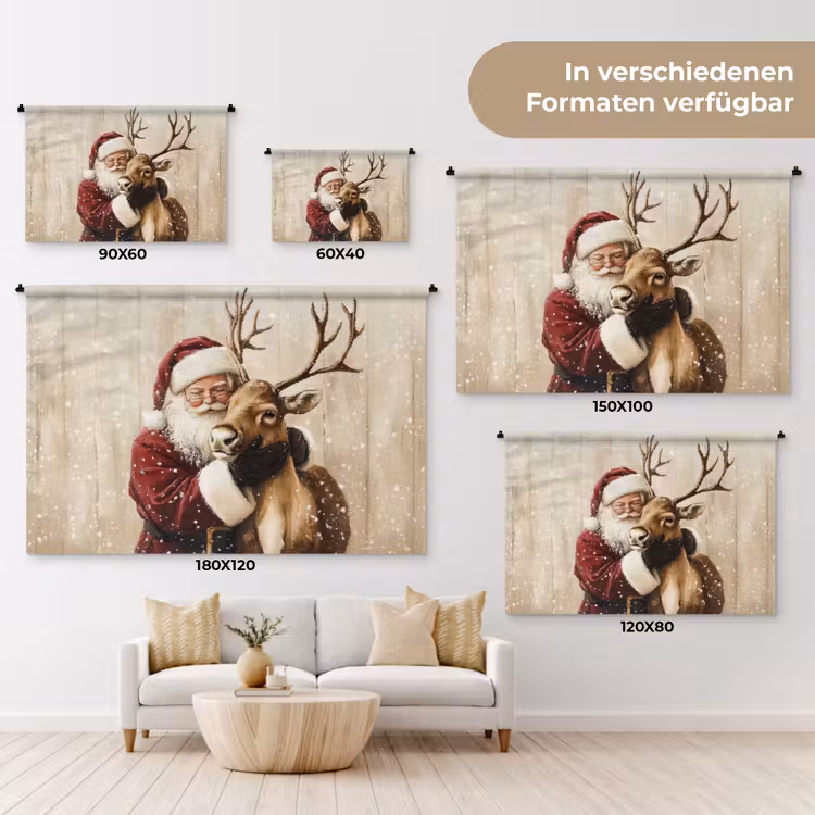 Kerstman - Rendier - Sneeuw - Kleurrijk Wandkleed katoen klein -tsfeer8_DE
