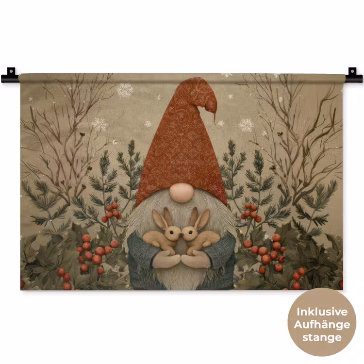 Kerstgnome - Konijntjes - Kleurrijk Wandkleed katoen klein -t3d_DE
