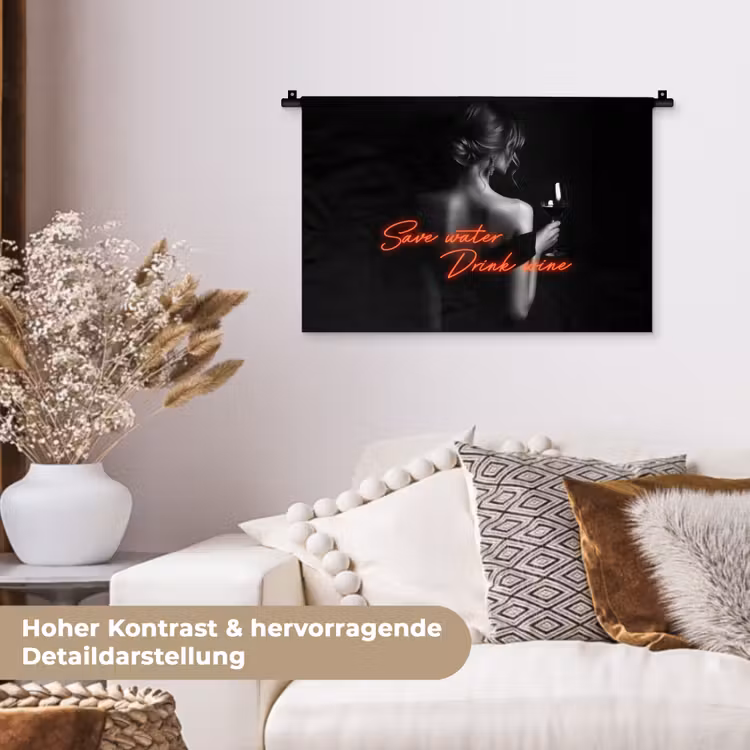 Wijn - Vrouw - Neon - Quote Wandkleed katoen klein -tsfeer1_DE