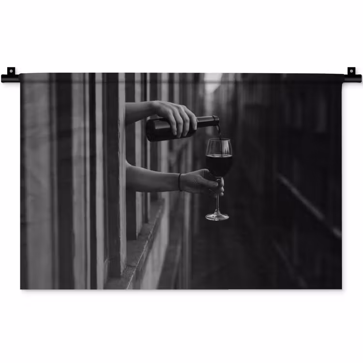 Wijnfles - Glas - Handen - Raam Wandkleed katoen klein -zz3d