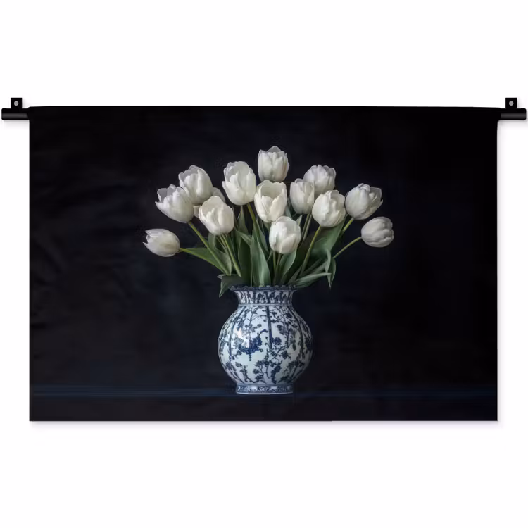 Wit - Bloemen - Tulpen - Vaas Wandkleed katoen klein -zz3d