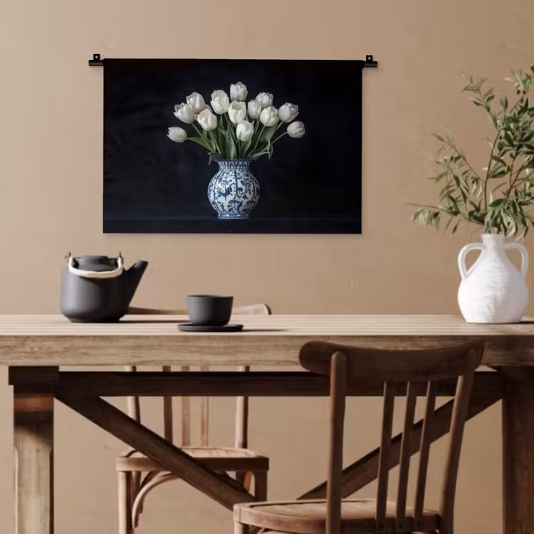 Wit - Bloemen - Tulpen - Vaas Wandkleed katoen klein -sfeer6