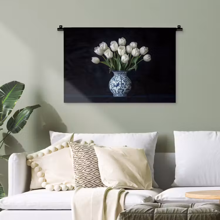 Wit - Bloemen - Tulpen - Vaas Wandkleed katoen klein -sfeer7
