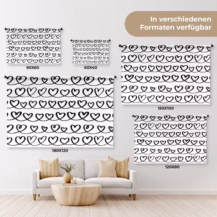 Wit - Harten - Verweven - Zwart Wandkleed katoen klein 269 -tsfeer8_DE