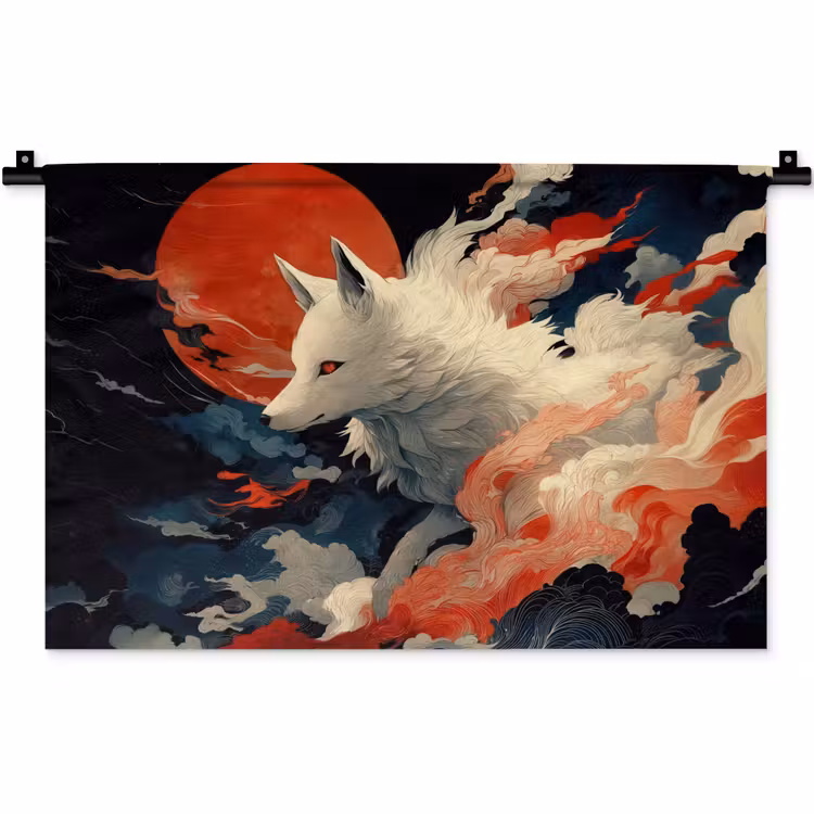 Witte vos - wolken - maan Wandkleed katoen klein -zz3d