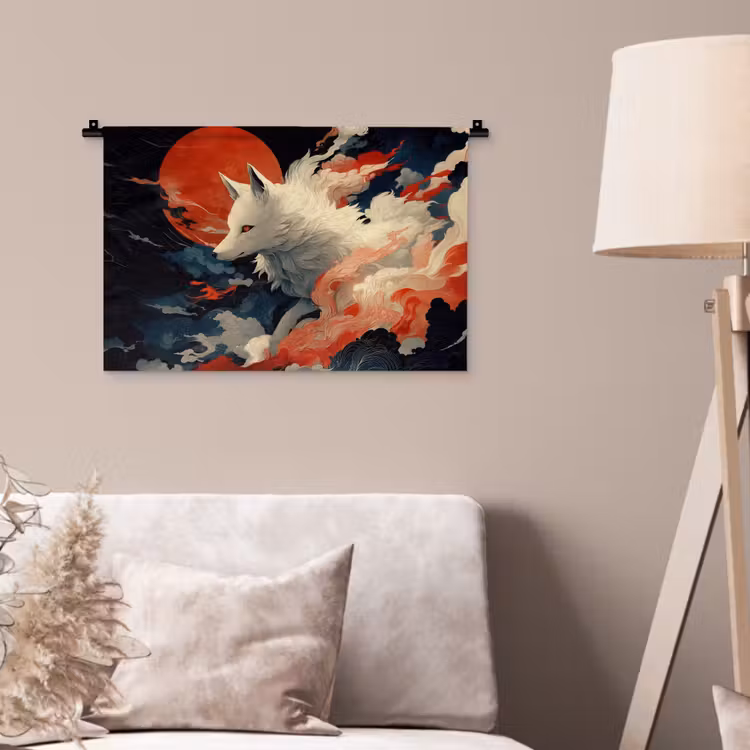 Witte vos - wolken - maan Wandkleed katoen klein -sfeer4