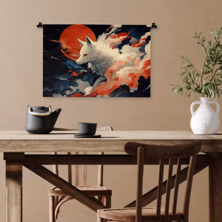 Witte vos - wolken - maan Wandkleed katoen klein -sfeer6