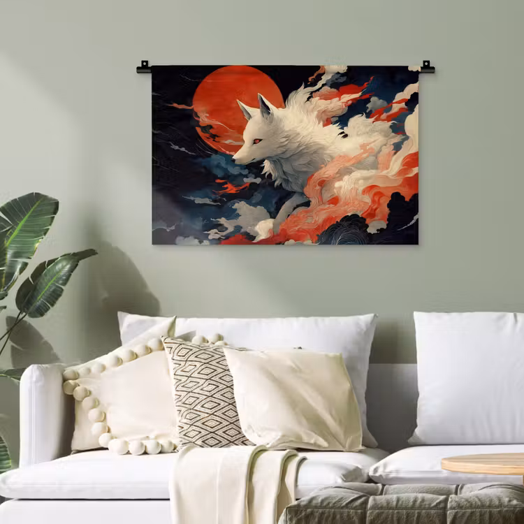 Witte vos - wolken - maan Wandkleed katoen klein -sfeer7