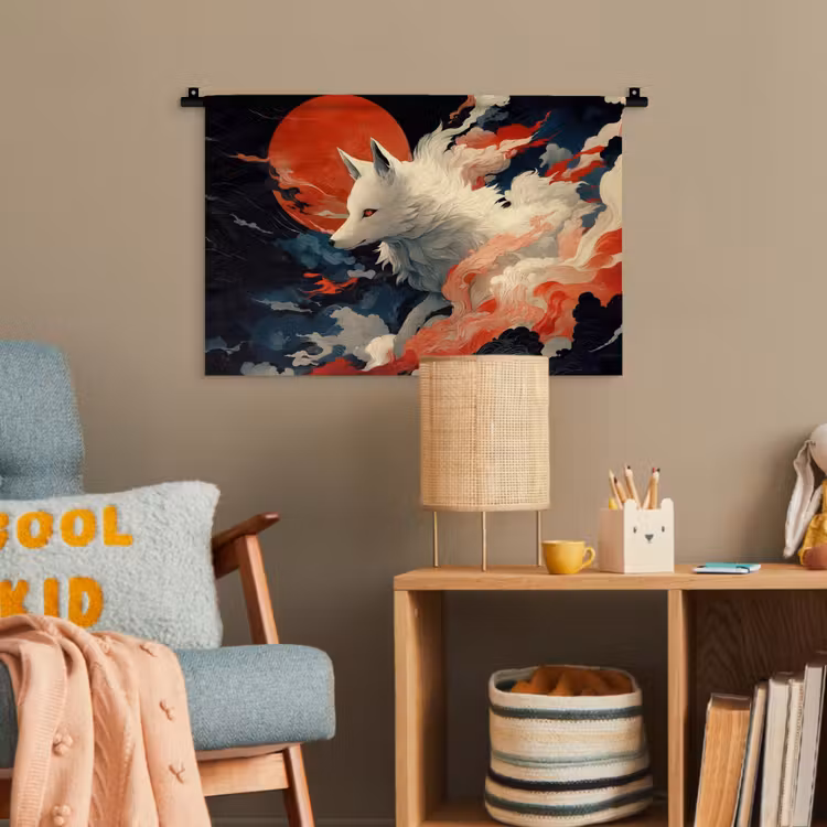 Witte vos - wolken - maan Wandkleed katoen klein -wsfeer4_kind