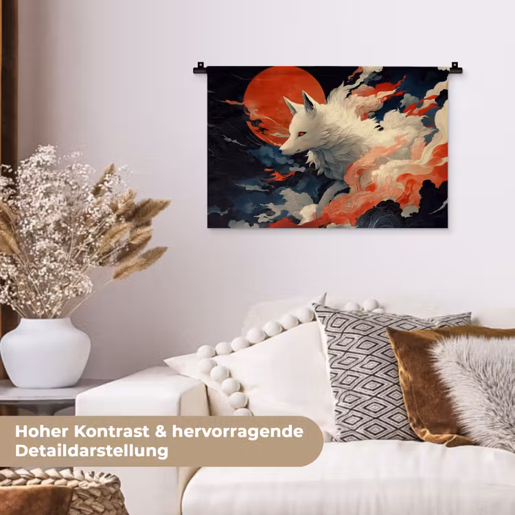 Witte vos - wolken - maan Wandkleed katoen klein -tsfeer1_DE