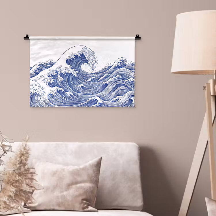 Golf - Japans - Zee - Illustratie - Blauw Wandkleed katoen klein -sfeer4