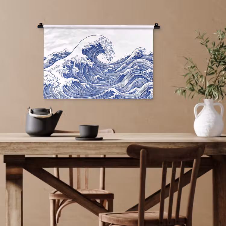 Golf - Japans - Zee - Illustratie - Blauw Wandkleed katoen klein -sfeer6
