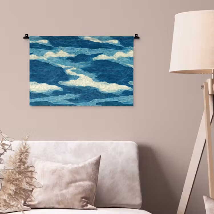 Golven - Abstract - Patroon - Blauw - Wit Wandkleed katoen klein 269 -sfeer4