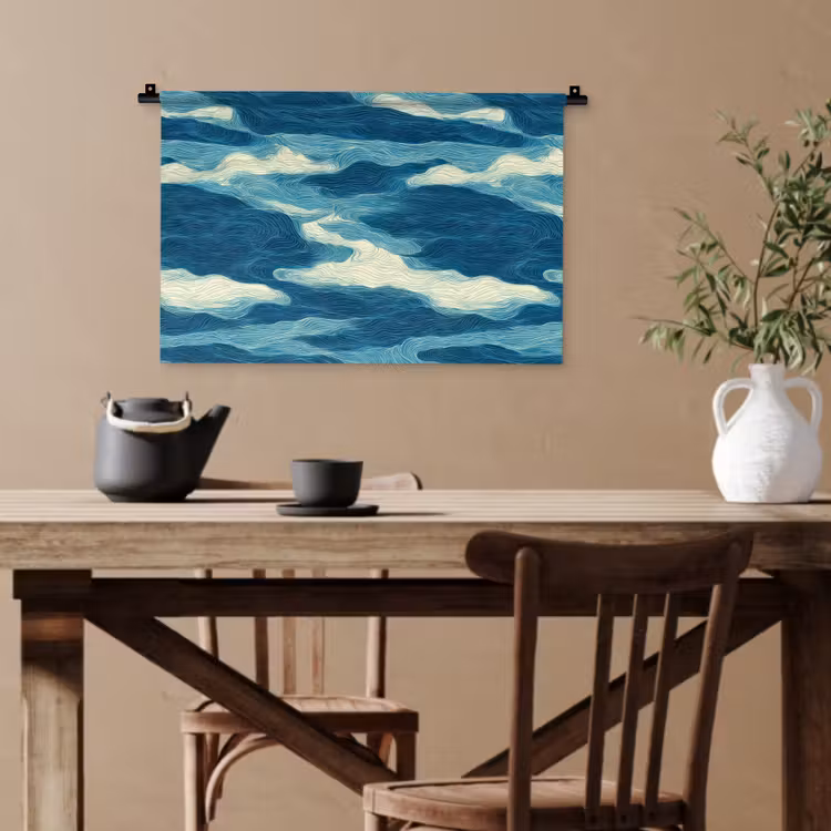 Golven - Abstract - Patroon - Blauw - Wit Wandkleed katoen klein 269 -sfeer6