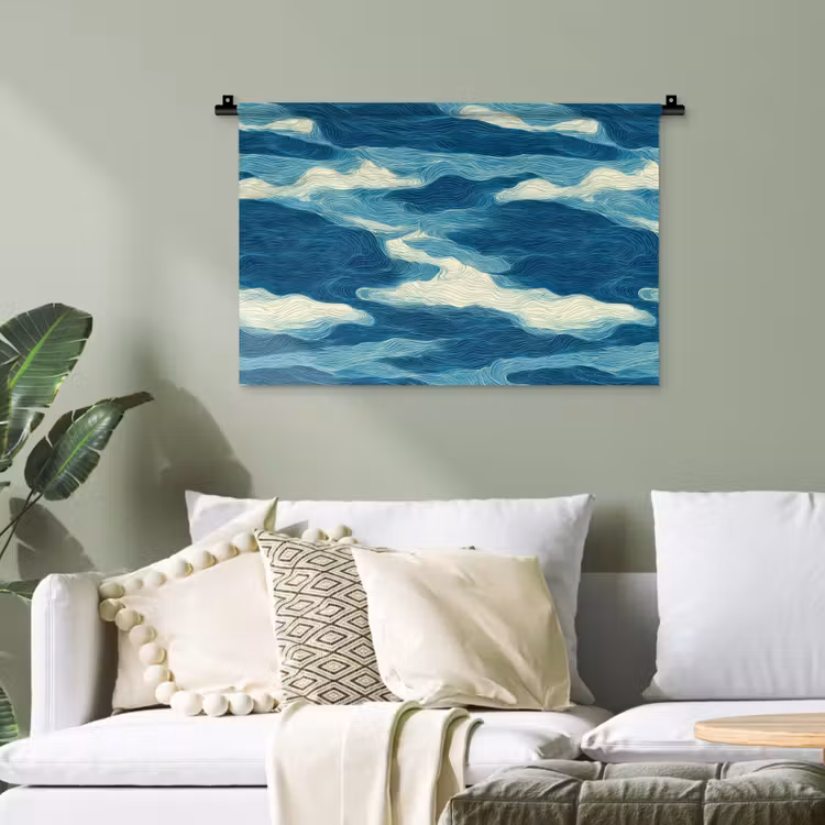 Golven - Abstract - Patroon - Blauw - Wit Wandkleed katoen klein 269 -sfeer7