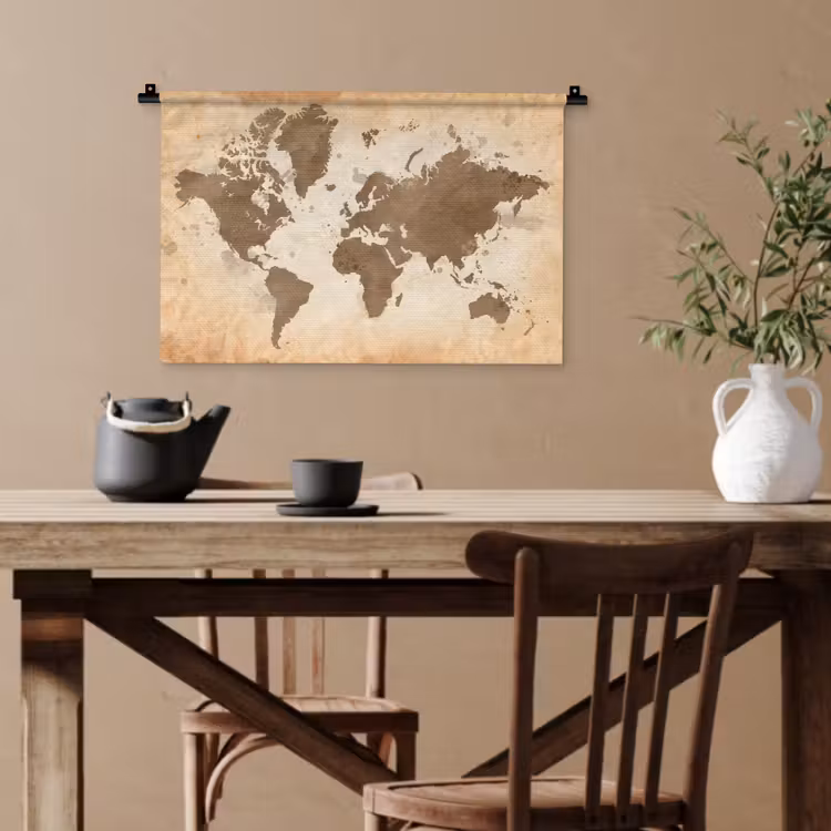 Wereldkaart - Beige - Bruin Wandkleed katoen klein -sfeer6