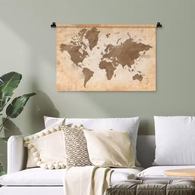 Wereldkaart - Beige - Bruin Wandkleed katoen klein -sfeer7