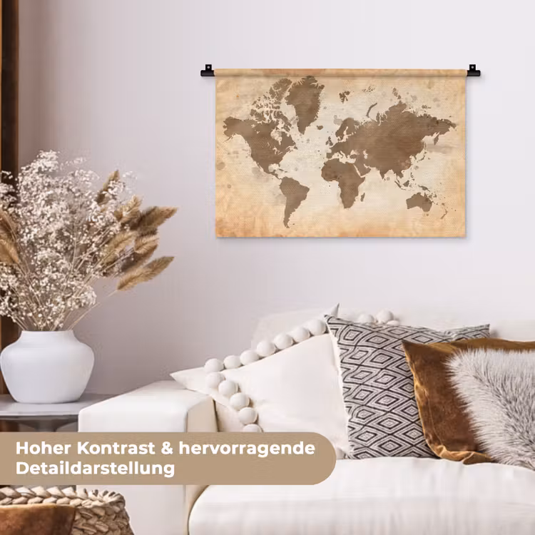 Wereldkaart - Beige - Bruin Wandkleed katoen klein -tsfeer1_DE