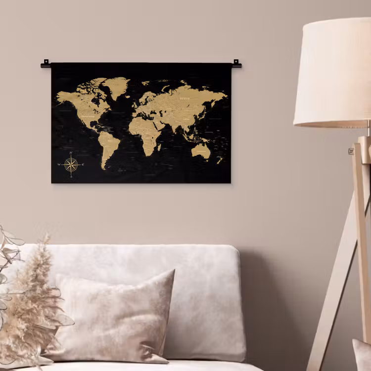 Wereldkaart - Beige - Zwart Wandkleed katoen klein -sfeer4