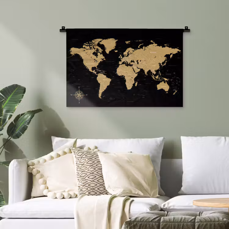 Wereldkaart - Beige - Zwart Wandkleed katoen klein -sfeer7