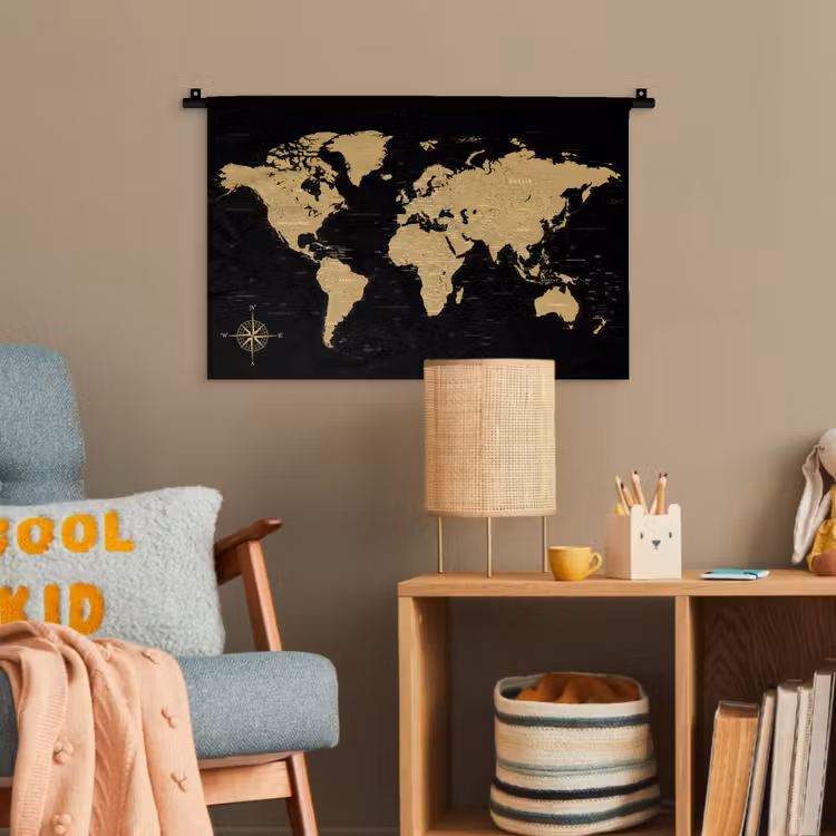 Wereldkaart - Beige - Zwart Wandkleed katoen klein -wsfeer4_kind