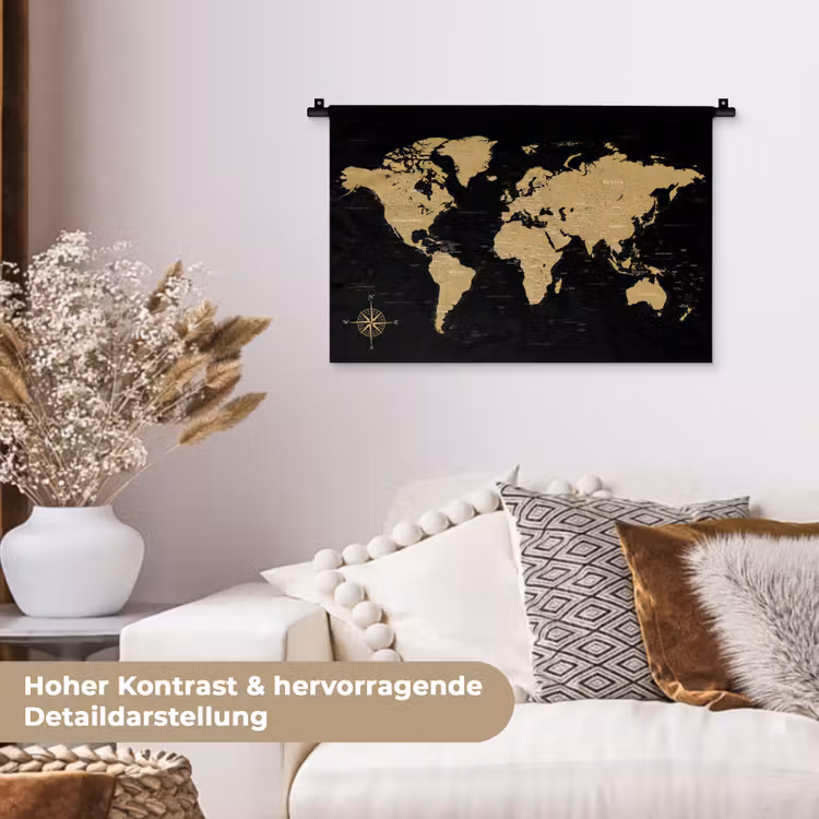 Wereldkaart - Beige - Zwart Wandkleed katoen klein -tsfeer1_DE