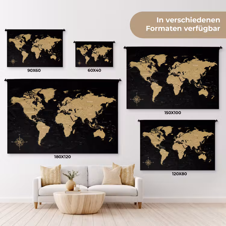 Wereldkaart - Beige - Zwart Wandkleed katoen klein -tsfeer8_DE