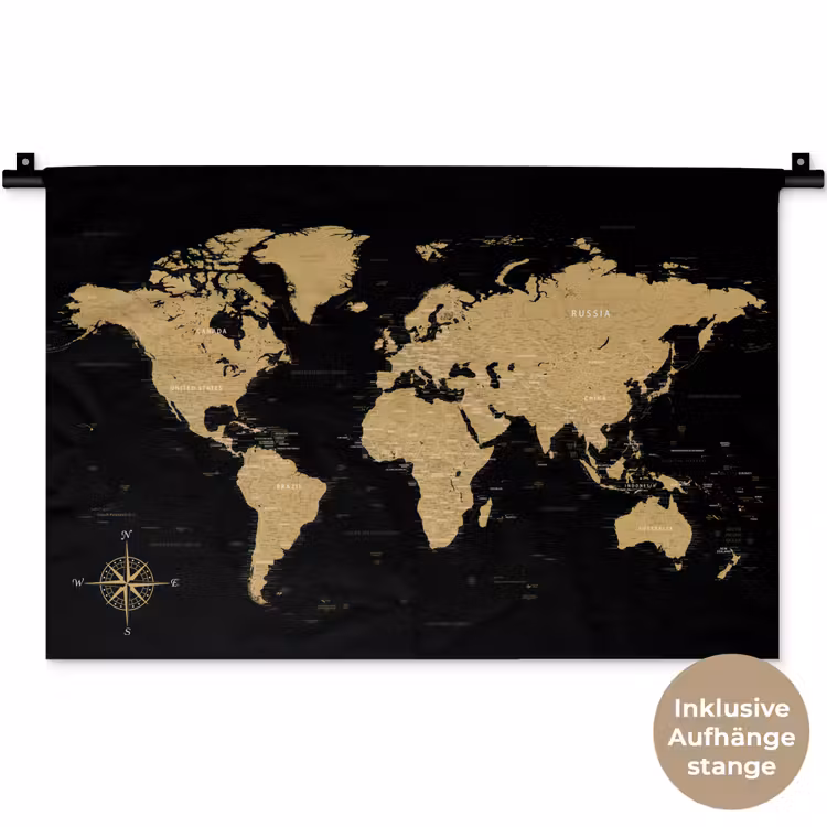 Wereldkaart - Beige - Zwart Wandkleed katoen klein -t3d_DE