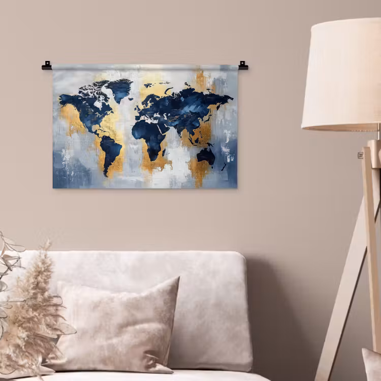 Wereldkaart - Blauw - Abstract Wandkleed katoen klein -sfeer4