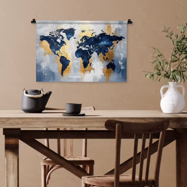 Wereldkaart - Blauw - Abstract Wandkleed katoen klein -sfeer6
