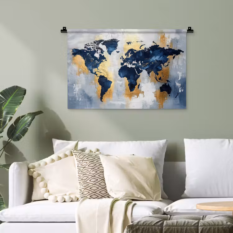 Wereldkaart - Blauw - Abstract Wandkleed katoen klein -sfeer7