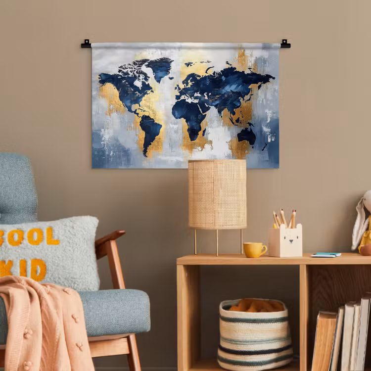 Wereldkaart - Blauw - Abstract Wandkleed katoen klein -wsfeer4_kind