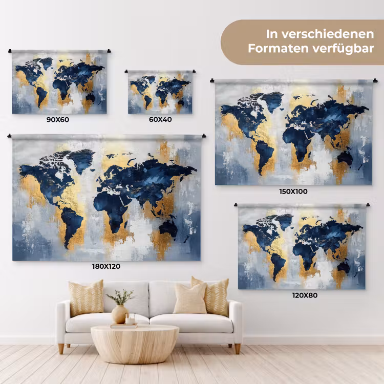 Wereldkaart - Blauw - Abstract Wandkleed katoen klein -tsfeer8_DE