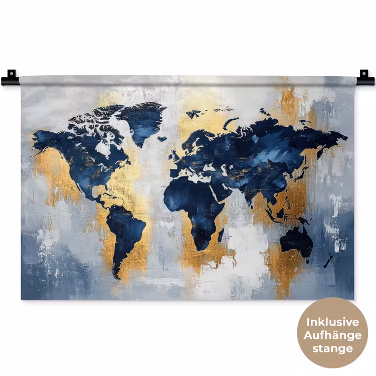 Wereldkaart - Blauw - Abstract Wandkleed katoen klein -t3d_DE