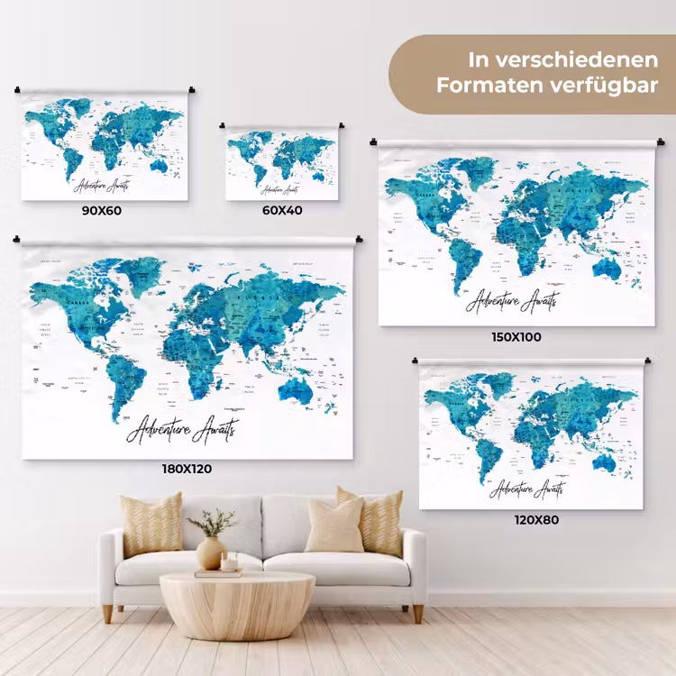 Wereldkaart - Blauw - Kleurrijk Wandkleed katoen klein -tsfeer8_DE