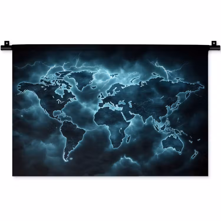 Wereldkaart - Bliksem - Blauw Wandkleed katoen klein -zz3d